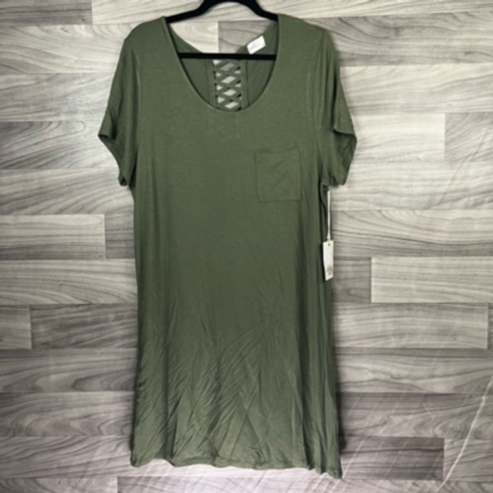 Glitz Womens Shift Dress Green Heathered Pocket Short Sleeve Cut Out 2X Runs SM‎